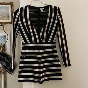 Urban plunging neck short jumpsuit w stripes